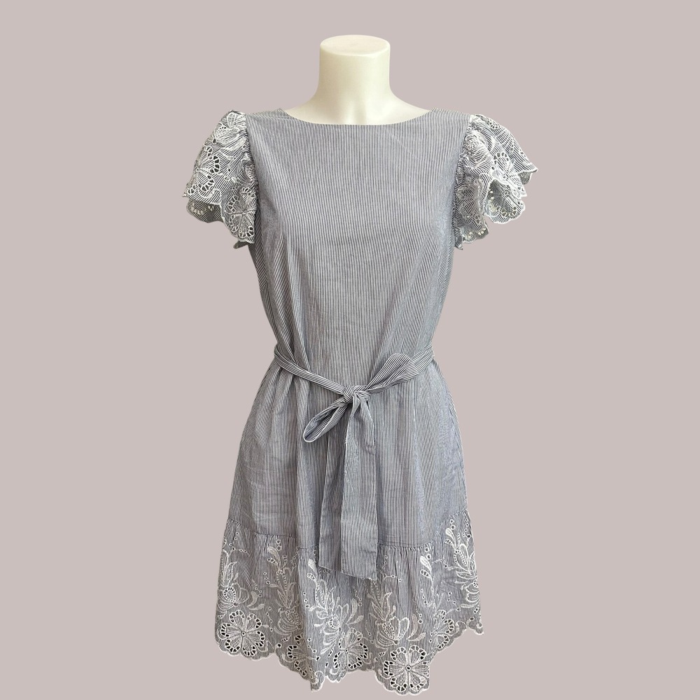 Lauren Ralph Lauren Striped Blue White Eyelet Cotton Flutter-Sleeve Dress 6P